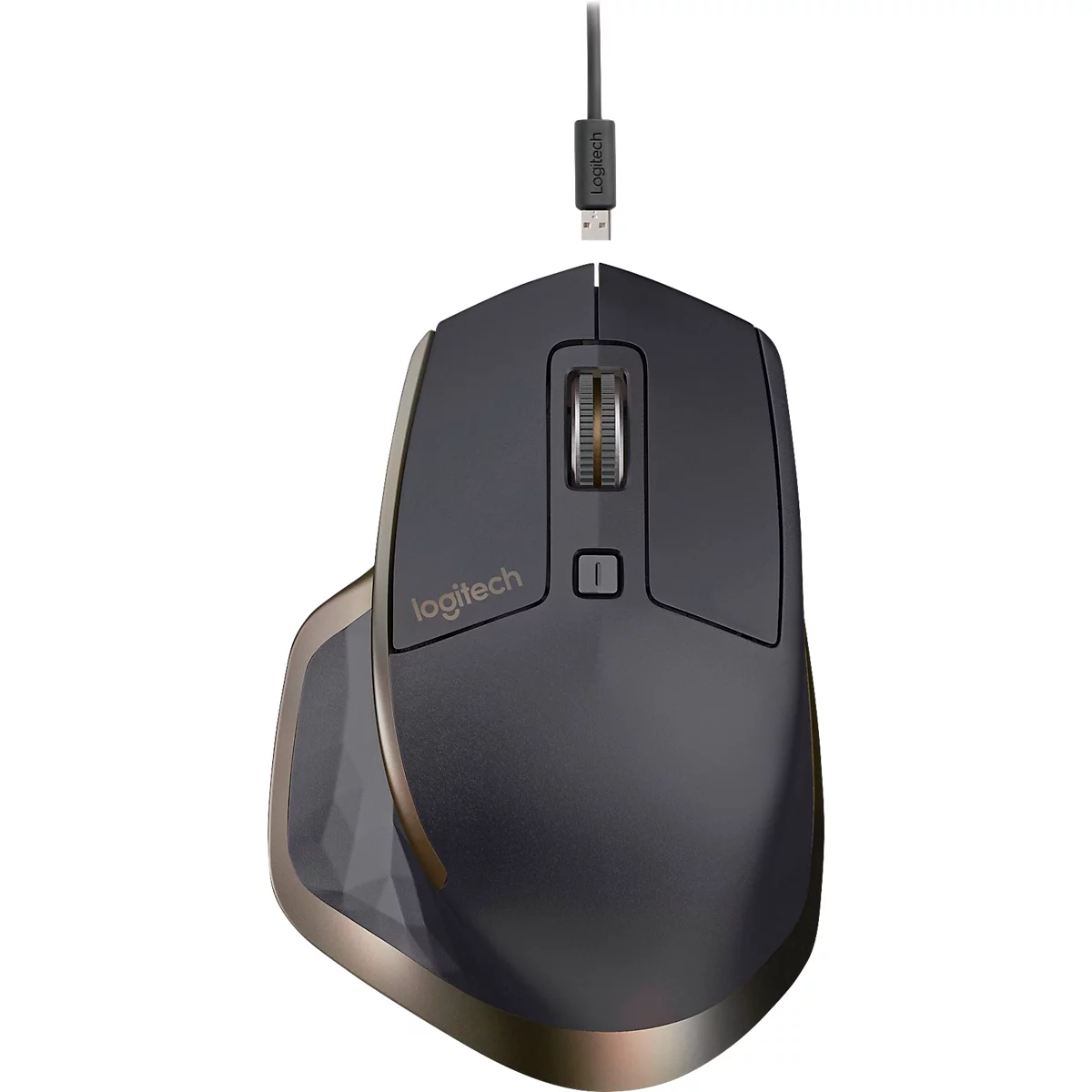 Draadloze ergonomische muis met USB-aansluiting. Donkergrijs met gouden rand. Logitech-logo.