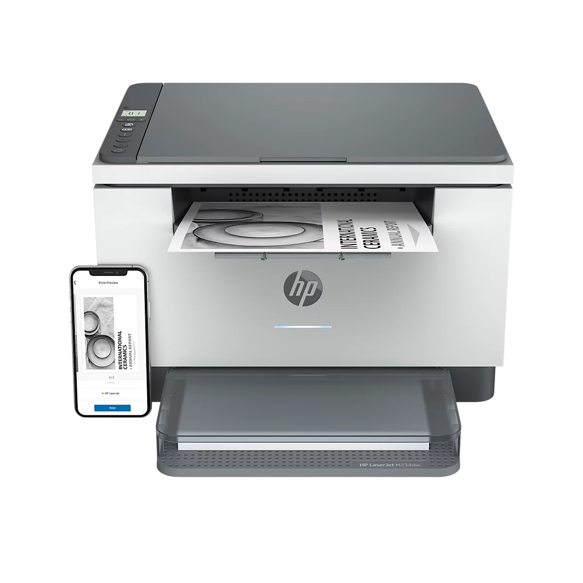 White and gray HP printer. A smartphone displays the print result. A sheet of paper is coming out of the printer. There is text on the paper.