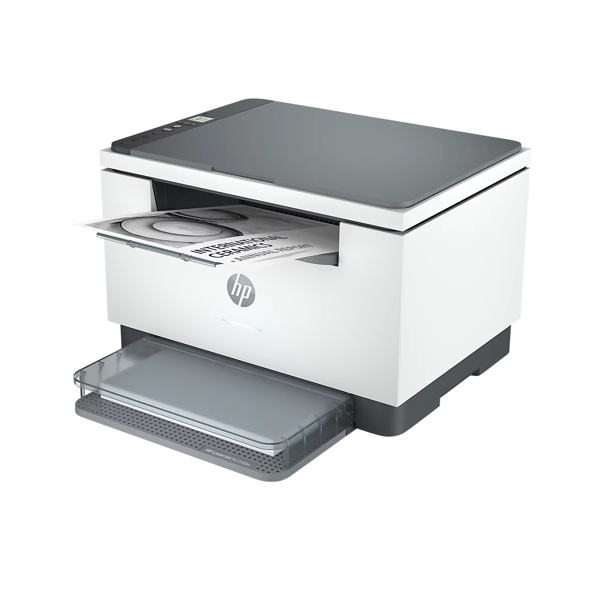 White and gray printer with a sheet of paper printed with text and HP logo. Lower area with paper tray.