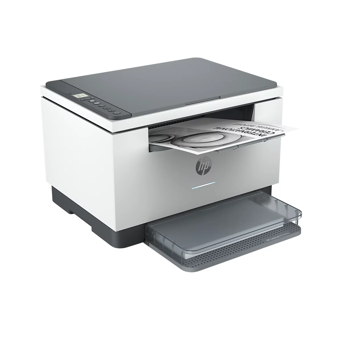 A white and gray HP printer, ejecting a printed sheet. Paper output tray extended.