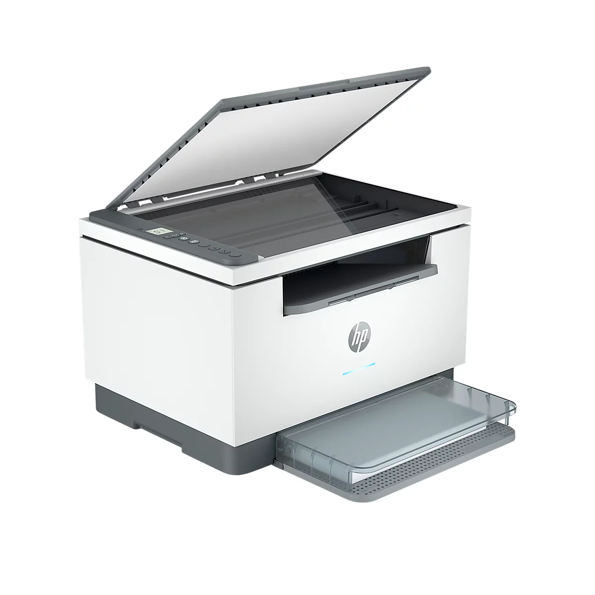 White printer with open lid. Paper output at the bottom. HP logo on the front.