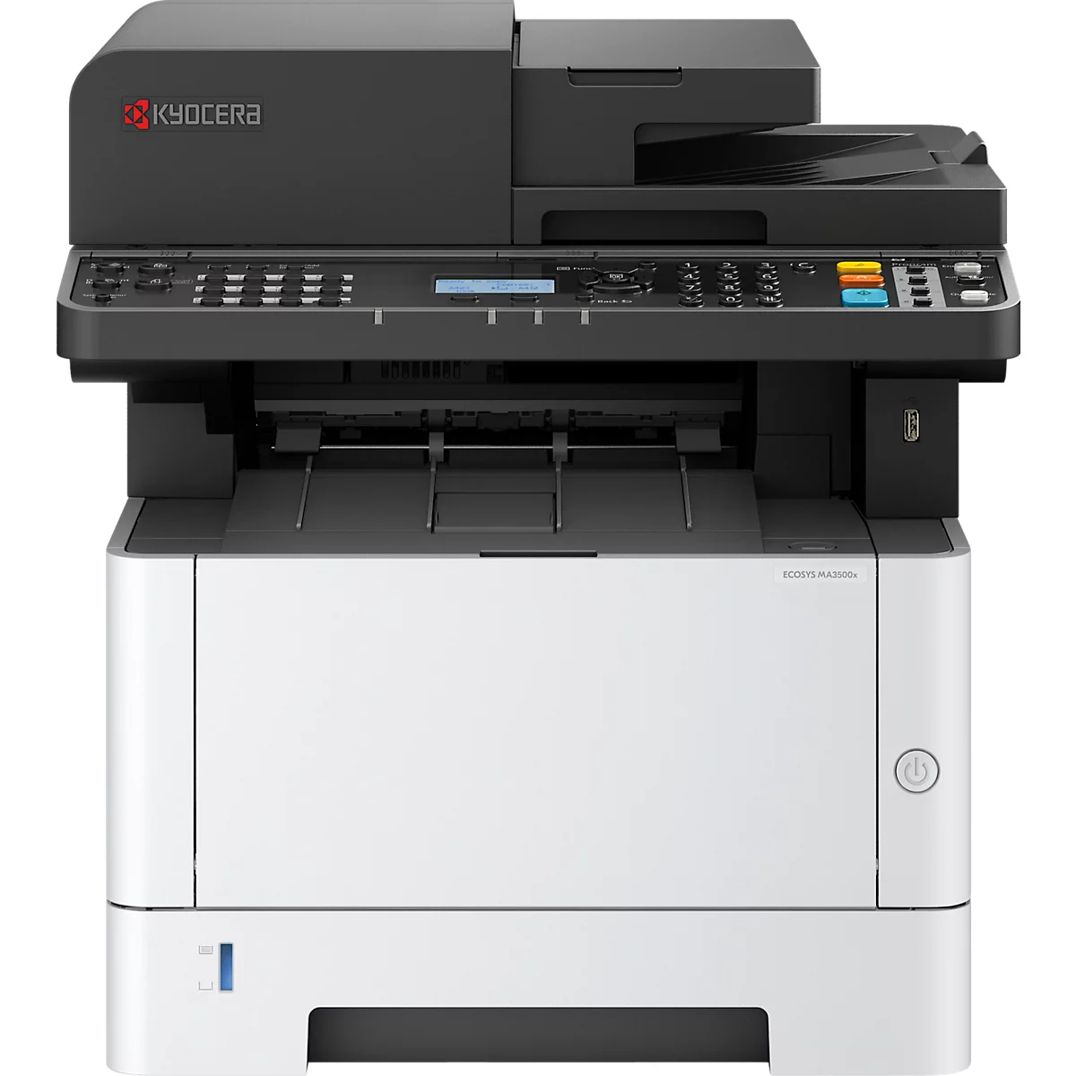 Schwarz-Weiß-Drucker von Kyocera. Bedienelemente oben rechts, weißes Gehäuse.