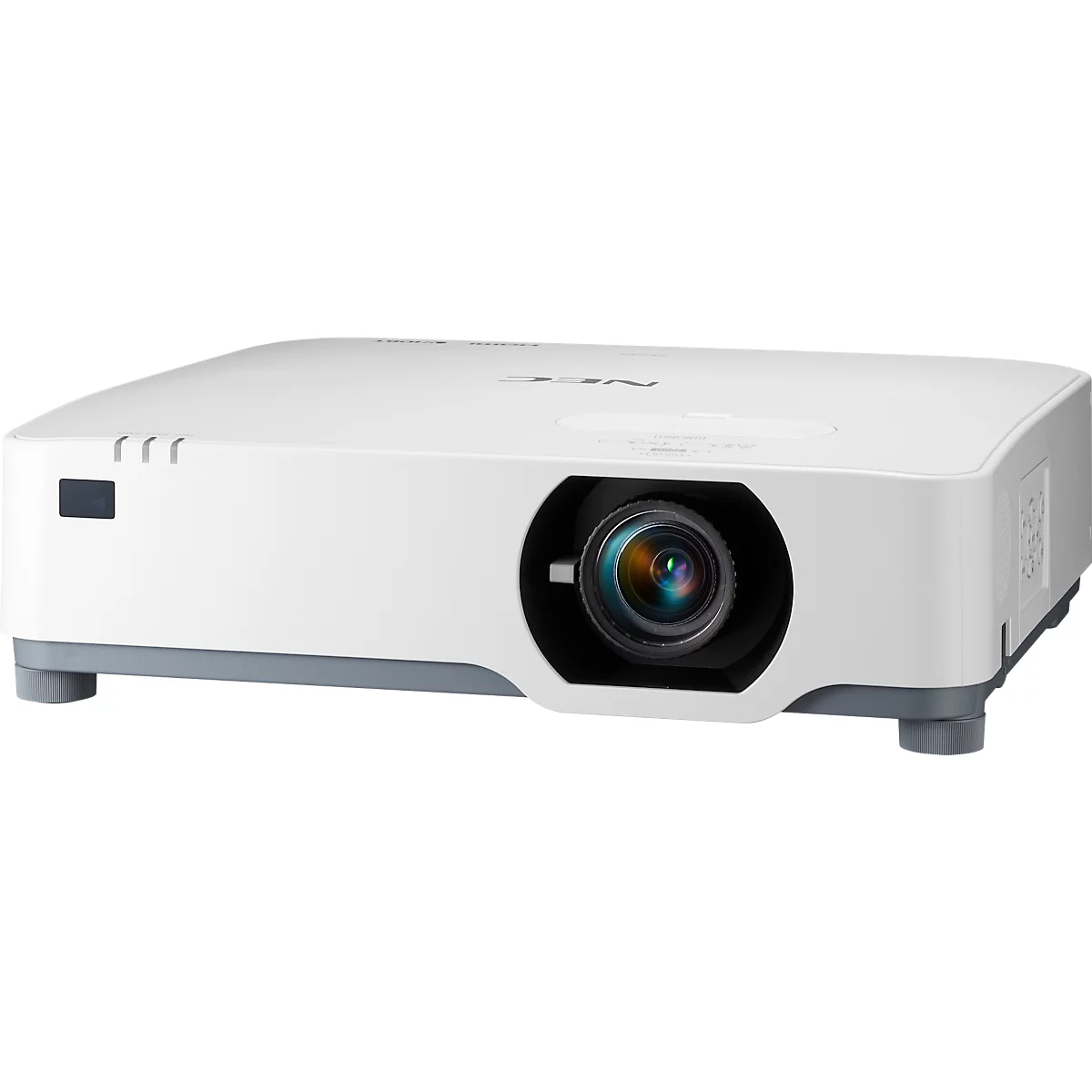 White projector with lens, gray base and logo. There are small displays on the housing.