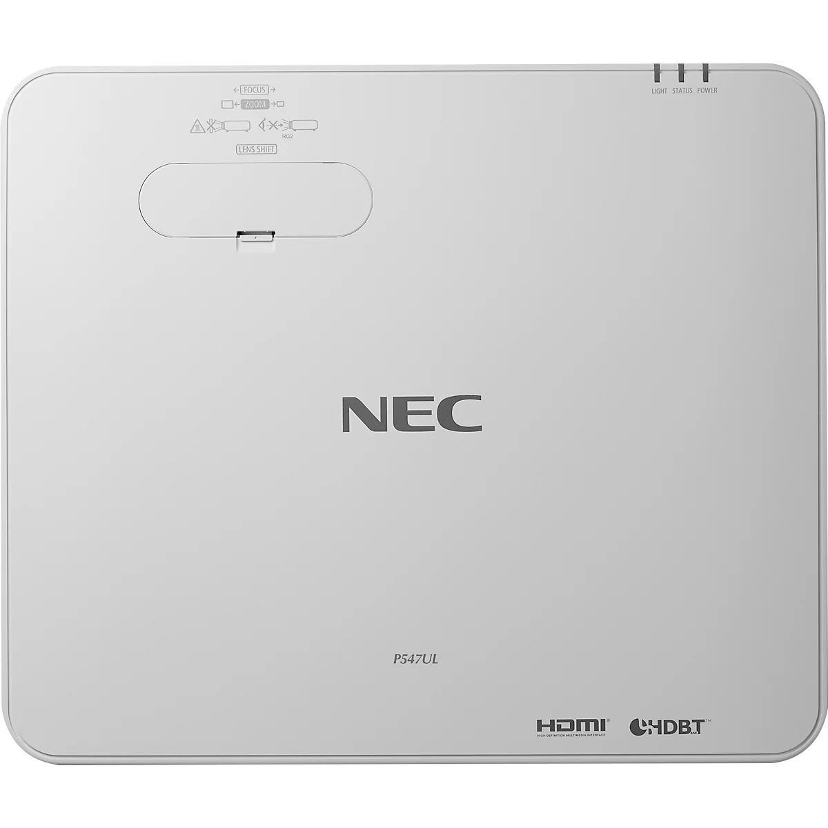 A white projector with the NEC logo. HDMI and HDBT are visible at the bottom.