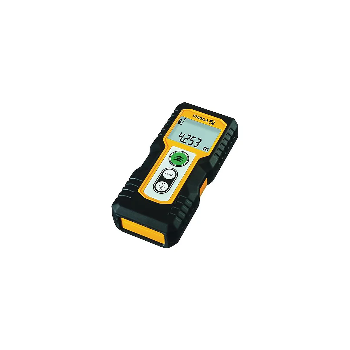 Geel en zwarte afstandsmeter met display: 4.253 m. Stabila logo rechtsboven, knoppen daaronder.