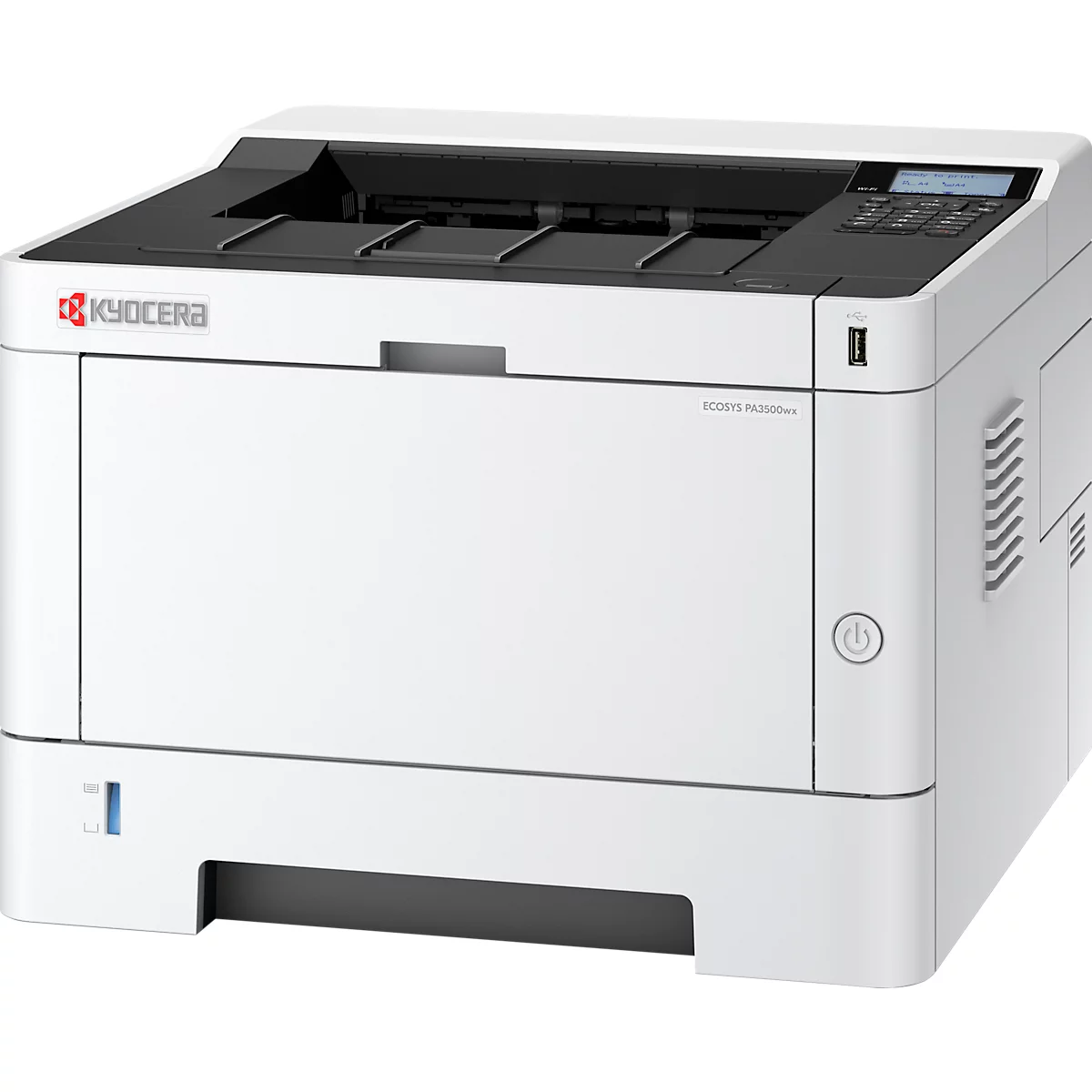 Weisser Drucker der Marke Kyocera mit schwarzem Einzug und Bedienfeld. Seitlich: Ein-Aus-Knopf und USB-Anschluss.