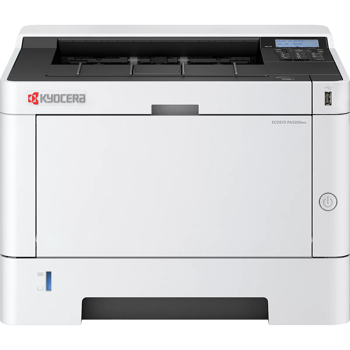 Weisser Kyocera-Drucker. Schwarze Oberseite mit Einzug, Display und USB-Anschluss. An der Seite der Power-Knopf. Logo 'Kyocera'.