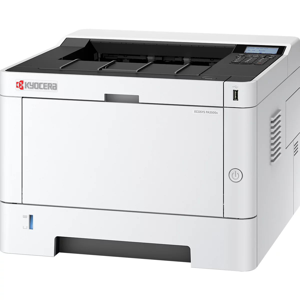 Weisser Laserdrucker mit schwarzem Bedienteil. Ein- und Ausgabefach, sowie Kyocera Logo sind zu sehen.