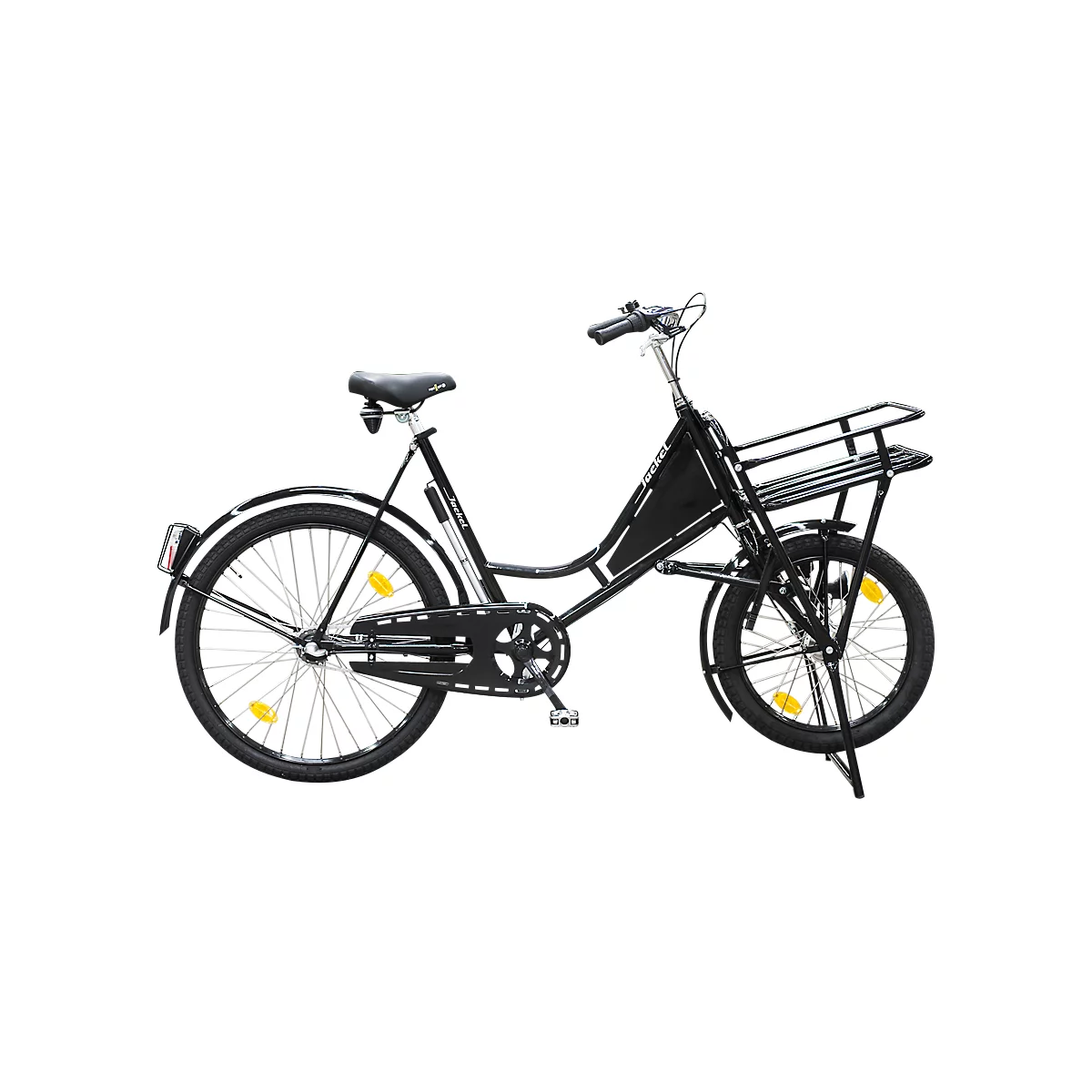 Schwarzes Lastenfahrrad mit tiefem Einstieg und Frontgepäckträger vor weißem Hintergrund.