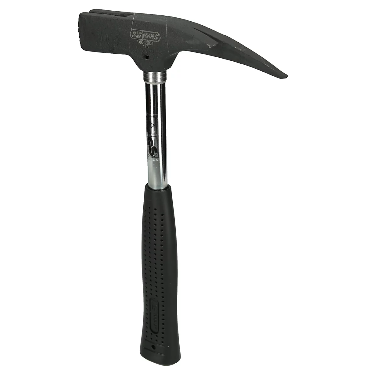 Ein schwarzer Hammer mit Metallgriff, Text auf dem Kopf, Griff mit Muster.