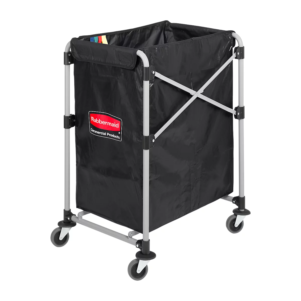 Black collapsible laundry cart with an aluminum frame. With wheels, Rubbermaid logo.