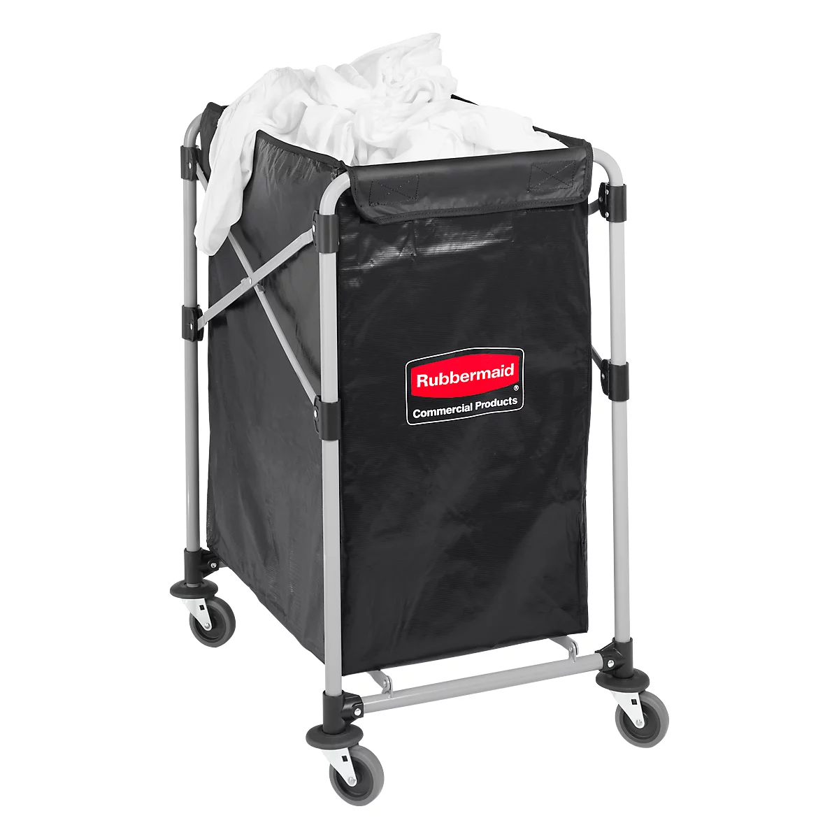 Black laundry cart filled with white laundry. Metal frame, wheels. Inscription: Rubbermaid Commercial Products.