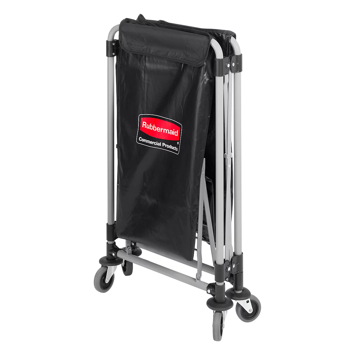 Collapsible black Rubbermaid laundry cart with wheels.