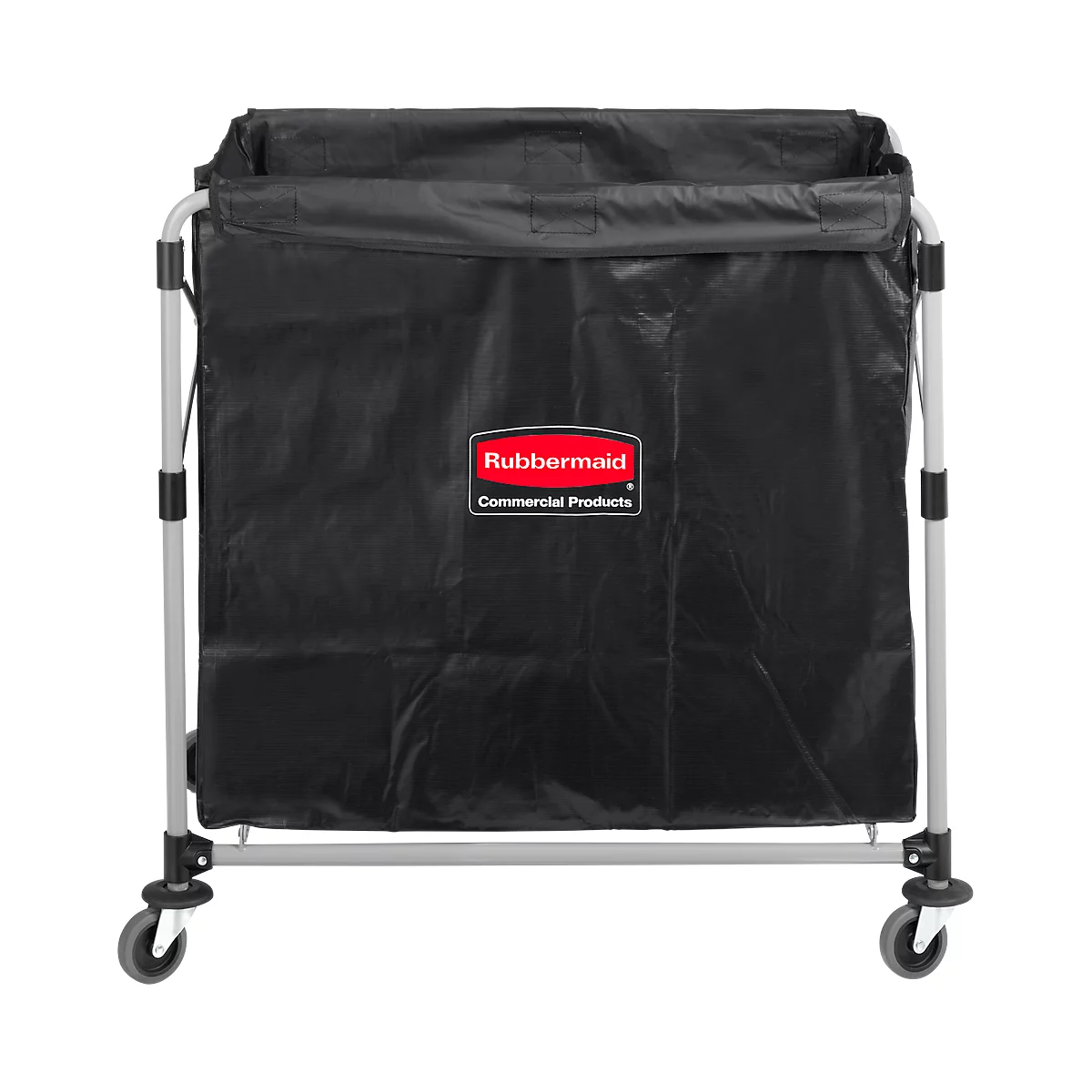 Black laundry cart with the Rubbermaid logo. A metal frame with casters holds a black fabric bag.