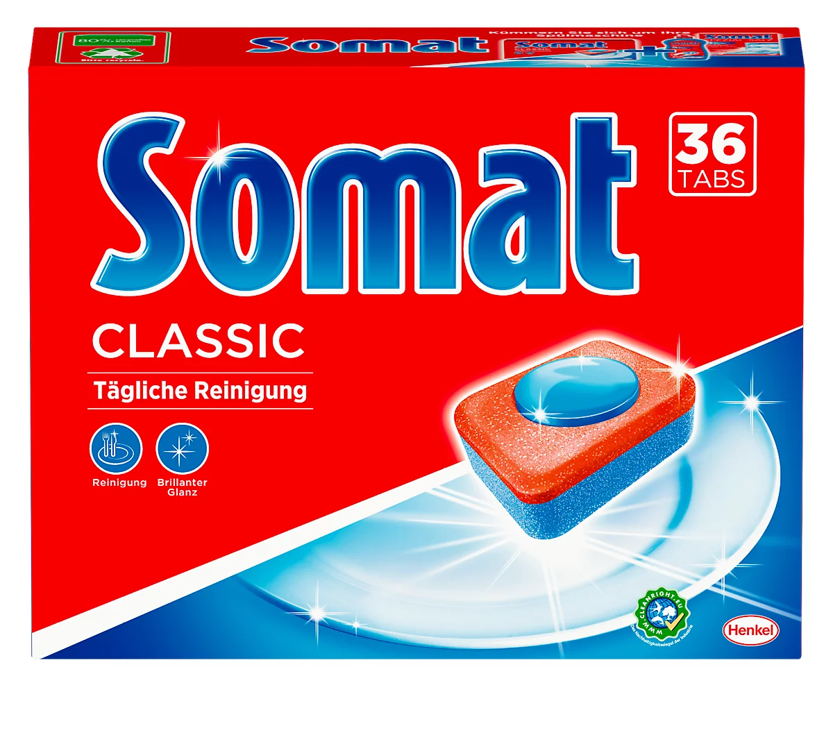 Lavavajillas Somat Classic 1, con poder disolvente de la grasa, núcleo de poder y ácido cítrico, sin fosfatos, azul-rojo, 36 pastillas en caja
