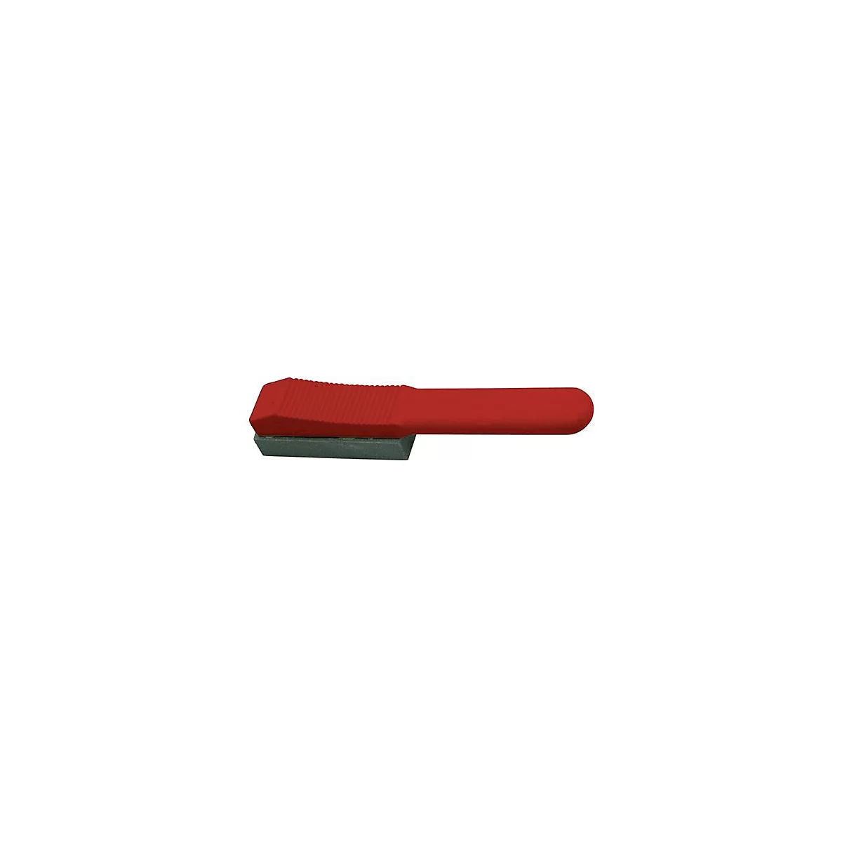 Un stylo rouge et allongé avec un bloc rectangulaire noir à une extrémité.