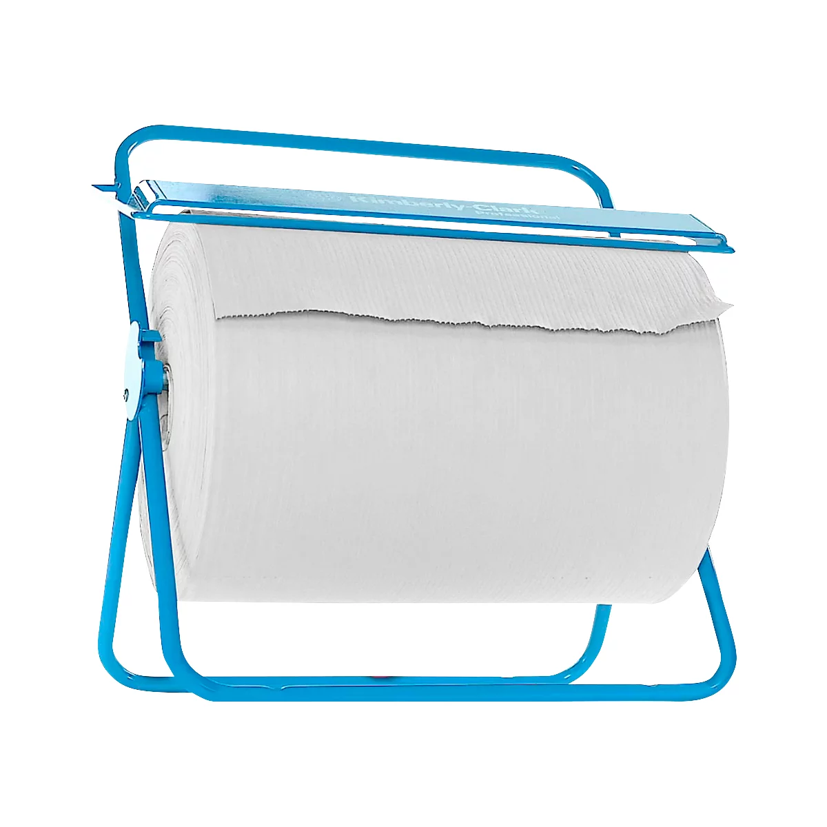 Distributeur de serviettes en papier bleu avec un grand rouleau de papier. Le bord du papier est dentelé.