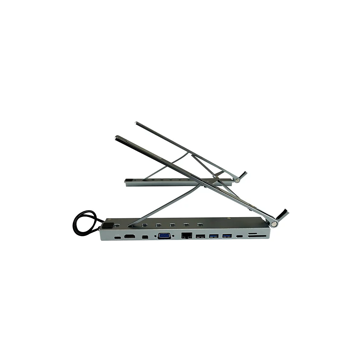 Grauer Laptop-Ständer mit integrierter Dockingstation, auf weißem Hintergrund. Enthält USB-, HDMI- und andere Anschlüsse.