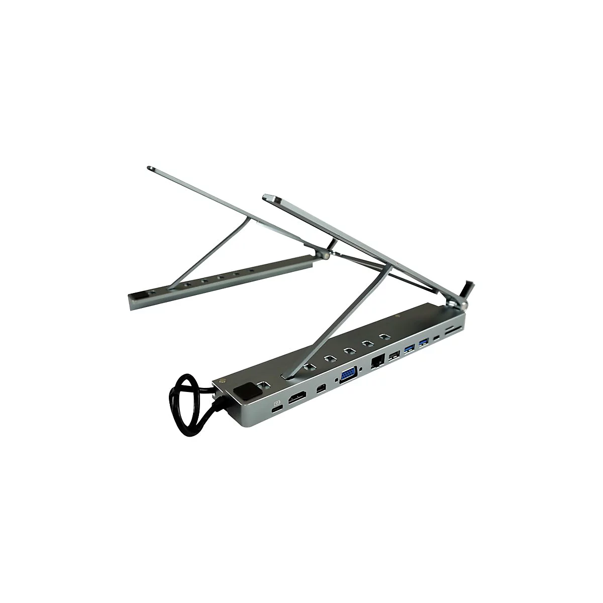 Silberne Laptop-Dockingstation mit Kabel und Stützarmen vor weißem Hintergrund. Verschiedene Anschlüsse sind sichtbar.