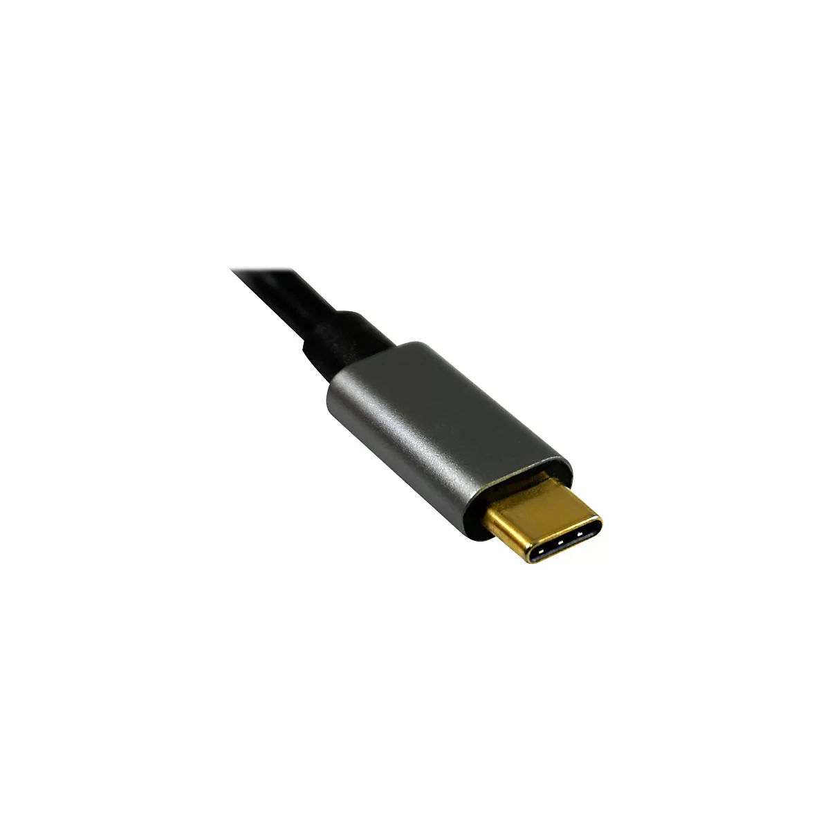 Nahaufnahme eines USB-C-Kabels mit silberfarbenem Gehäuse und goldenem Stecker.