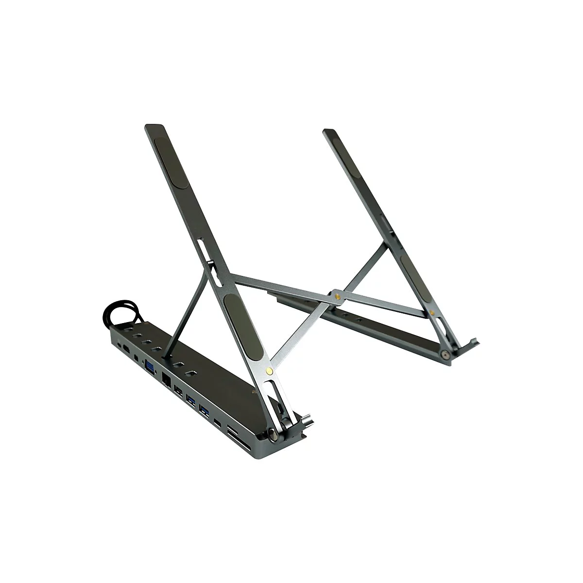 Grauer Laptop-Ständer mit integrierten Anschlüssen. Die Ständer sind im Winkel verstellbar.