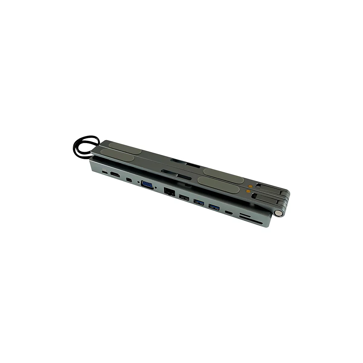 Grauer, zusammenklappbarer USB-C-Hub mit Anschlüssen. Oben graue Pads, seitlich diverse Ports.