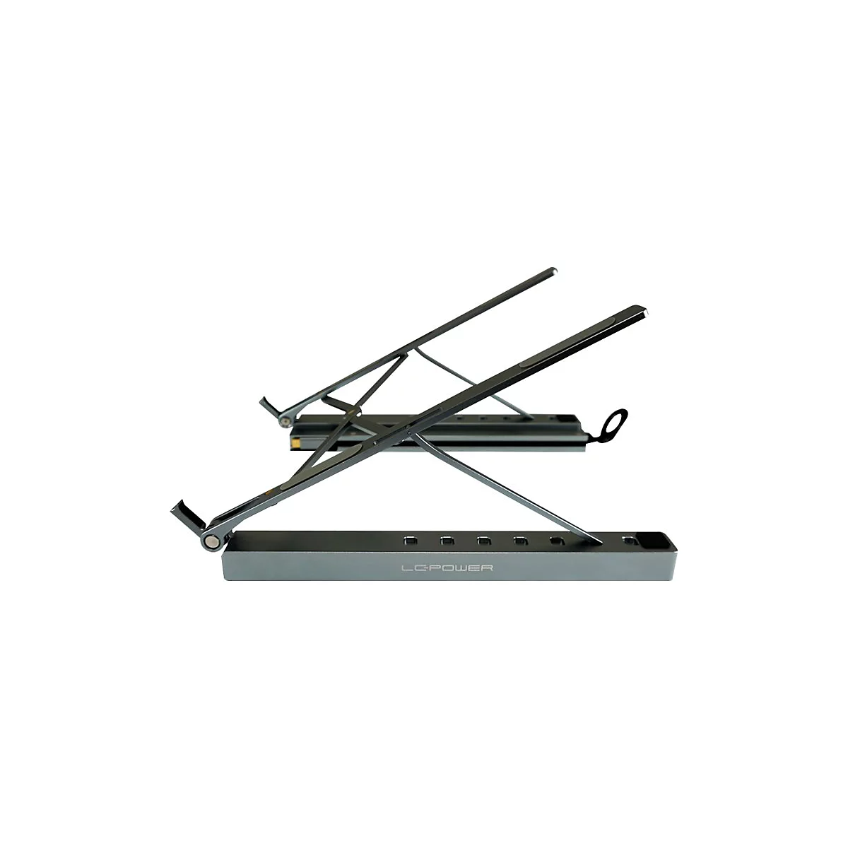 Grauer Laptopständer, aus Metall, zusammengeklappt, im Winkel. Aufschrift LC-POWER.