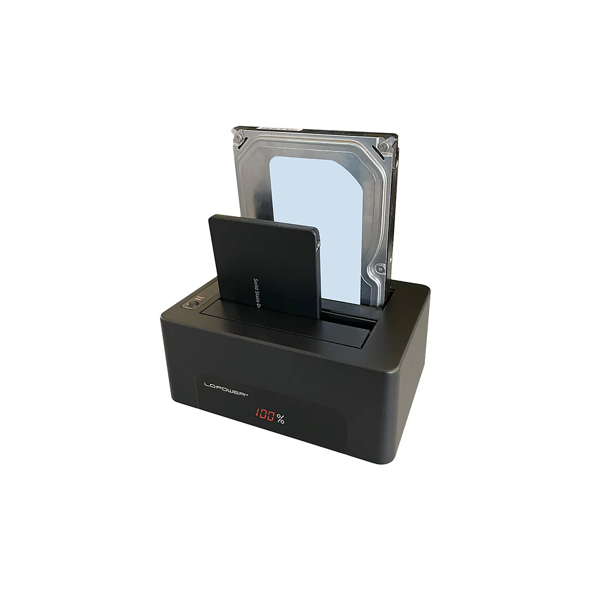 Schwarze Festplatten-Dockingstation mit zwei Festplatten, eine davon eingesetzt. Die Anzeige zeigt 100 %.