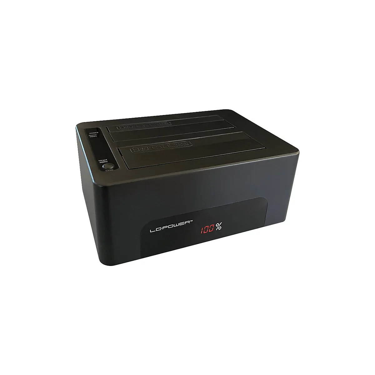 Schwarze Festplatten-Dockingstation, 100 % Anzeige. Oben zwei SchÃ¤chte, links Bedienfeld, Logo.