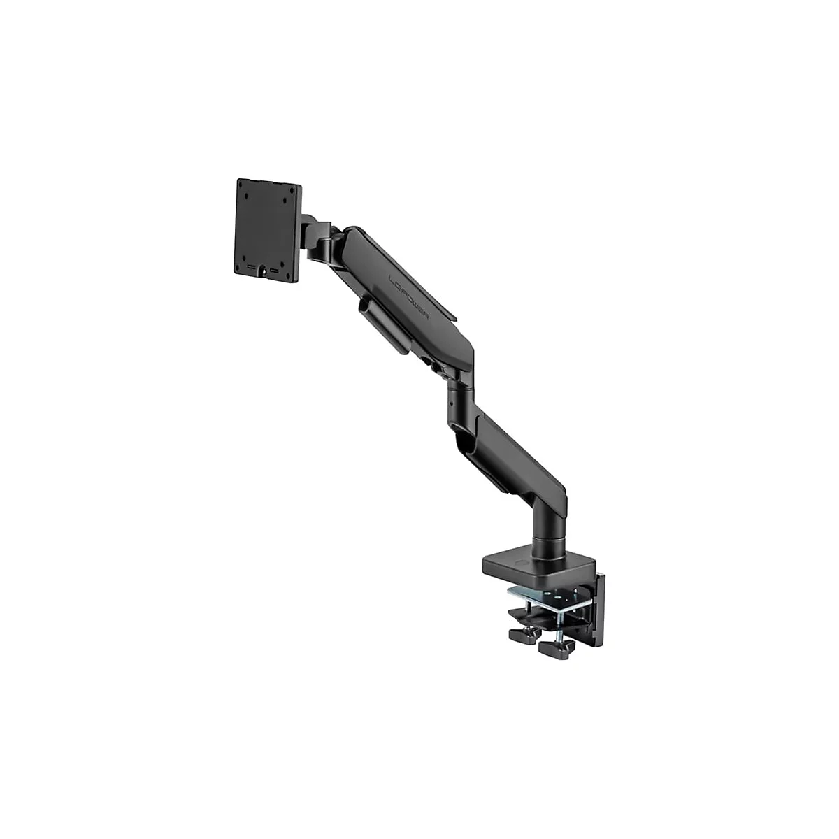 Schwarzer Monitorarm, an dem ein Monitor befestigt werden kann. Der Arm wird mit einer Tischklemme befestigt.