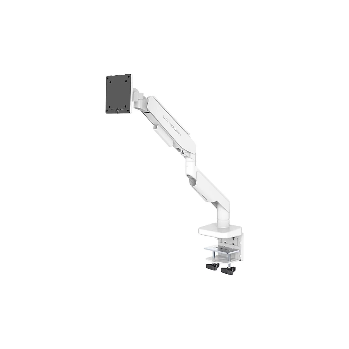 Weißer Monitorarm mit Klemmhalterung. Der Arm ist in mehreren Gelenken verstellbar, um den Monitor optimal zu positionieren. Das Logo "LDPower" ist auf dem Arm sichtbar.