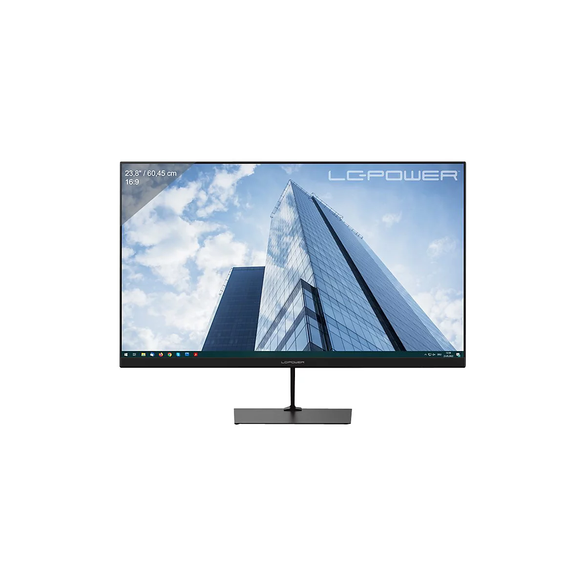 LC-Power Monitor mit dem Bild eines Wolkenkratzers auf dem Bildschirm. Schwarz, 23,8 Zoll, 16:9.