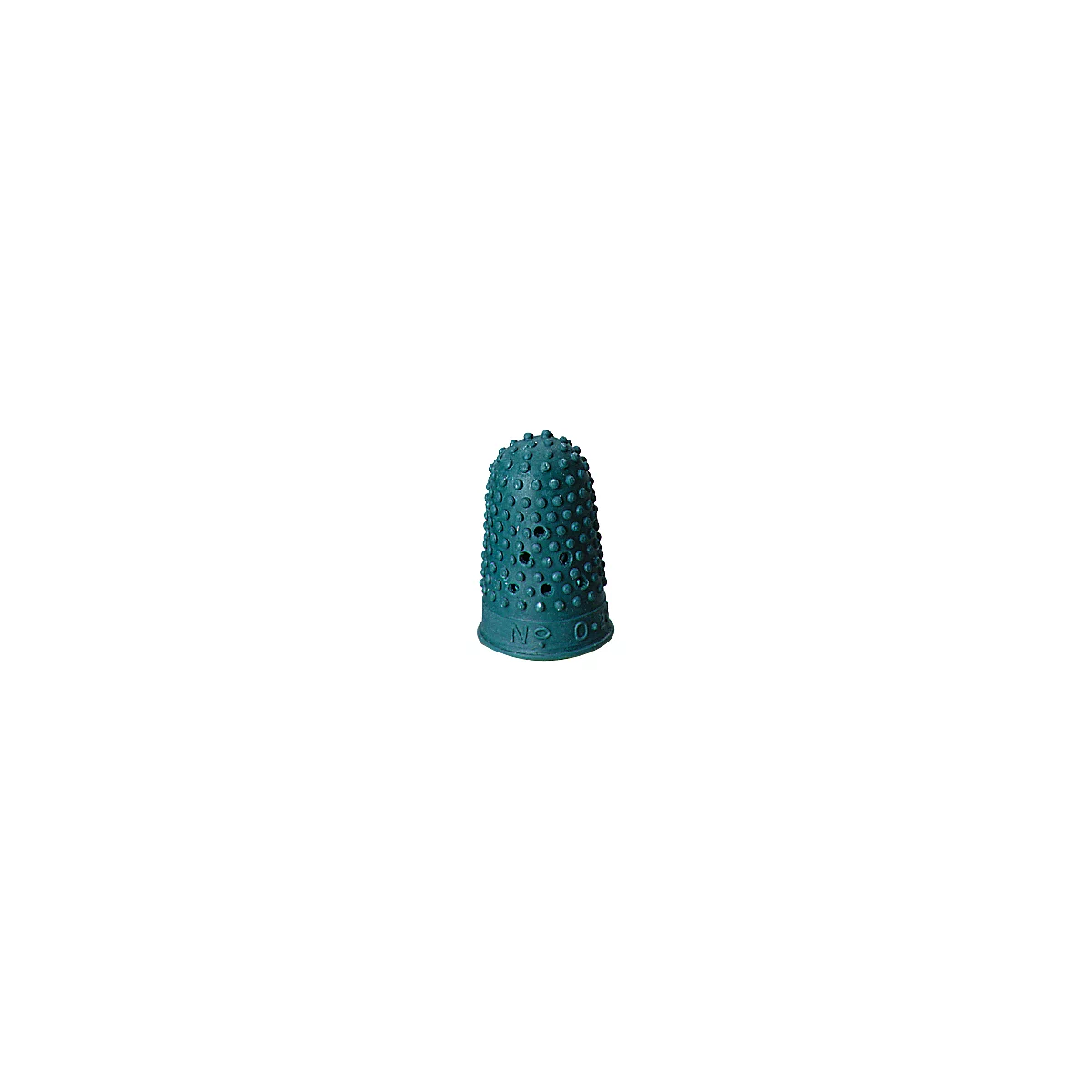 Turquoise rubber thimble with bumps and the marking "No. 0". Several holes indicate wear.