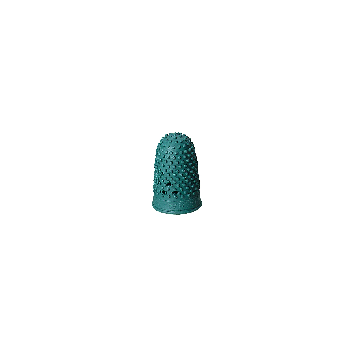 Green thimble with bumps, holes, and lettering on the edge.