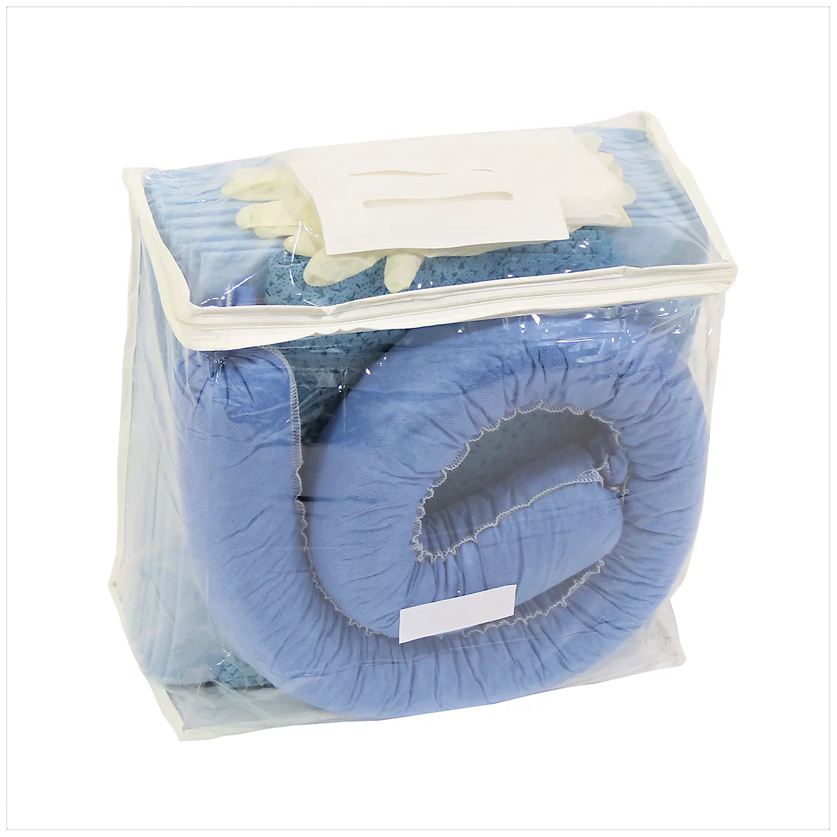 A set for oil absorption in a transparent bag. Includes blue absorbent rolls, gloves and wipes.