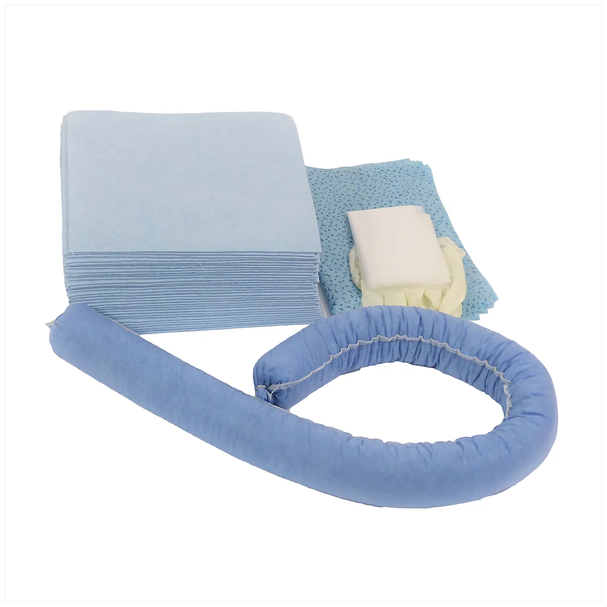 Blue oil absorbent kit with absorbent pads, absorbent pillows, absorbent rolls and gloves.