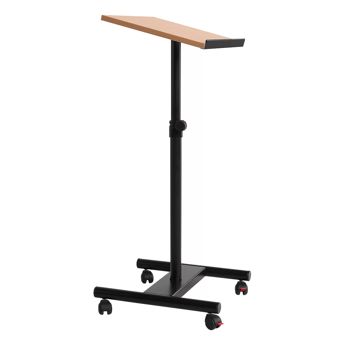 Black, height-adjustable lectern with wheels and wooden top.