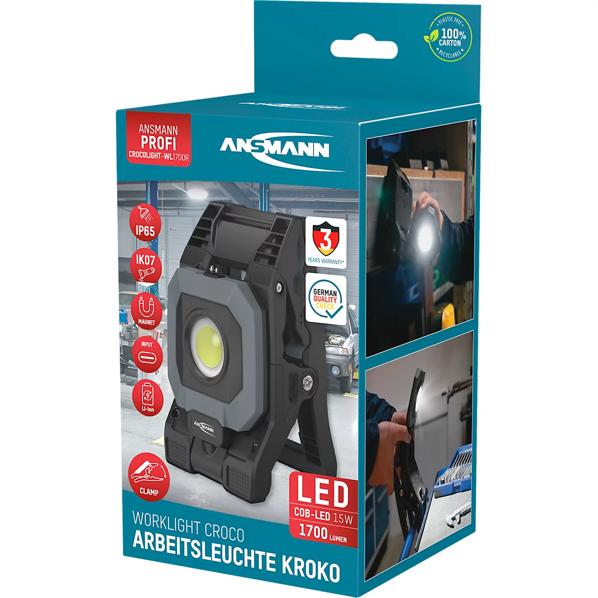 LED-Arbeitsleuchte Ansmann Croco, 1700 lm, dreh- und schwenkbares Leuchtgelenk, 5200 mAh, wiederaufladbar, IP65, Kunststoff, schwarz