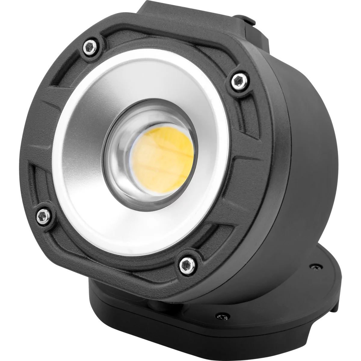 LED-Arbeitsleuchte Ansmann FL1100R, 2 Leuchtstufen, 1100 Lumen, bis zu 4,5 h, IP65, Akku, 360° Kugelgelenk, Aufhängehaken, B 90 × T 61 × H 87 mm