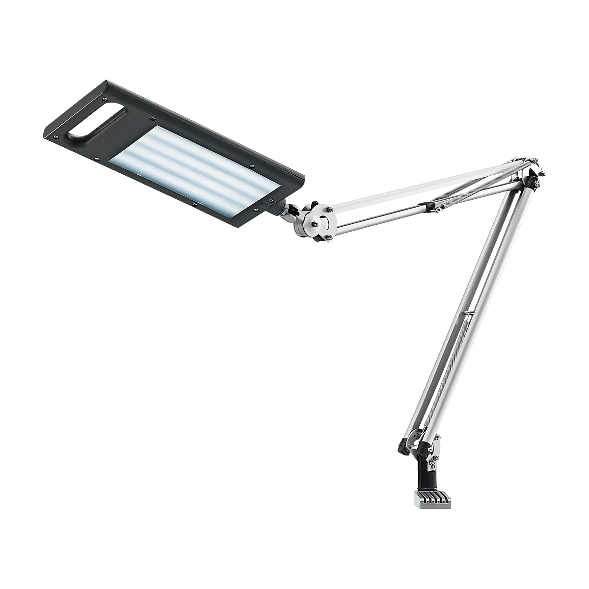 Schreibtischlampe mit verstellbarem Arm und LED-Panel, silber-schwarz.