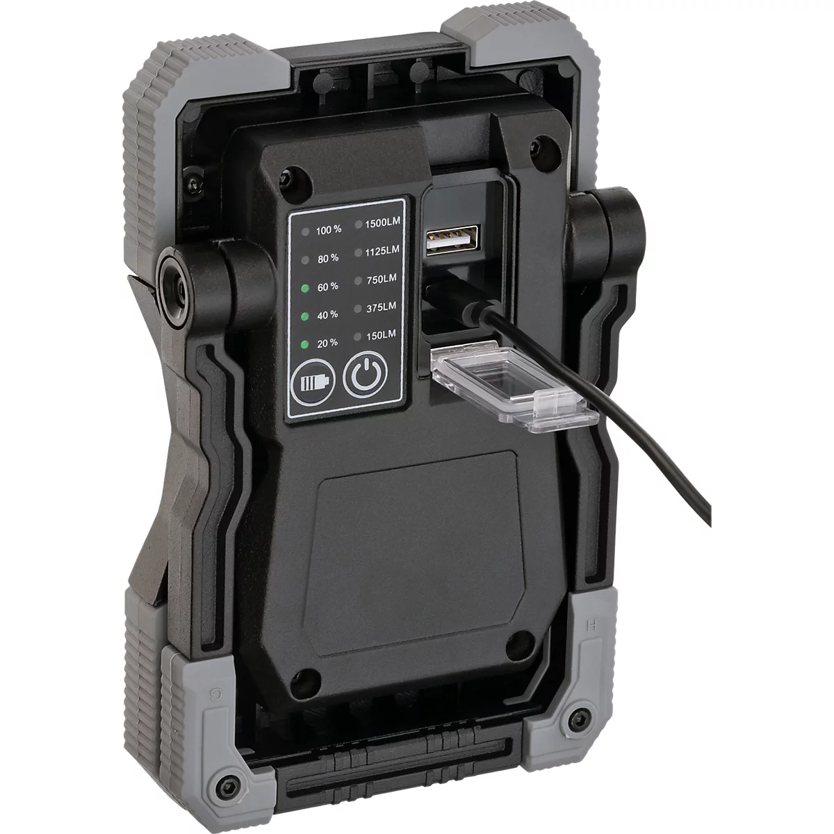 Ein schwarzes und graues Ladegerät mit einem USB-Anschluss und verschiedenen Ladeanzeigen auf der Vorderseite.