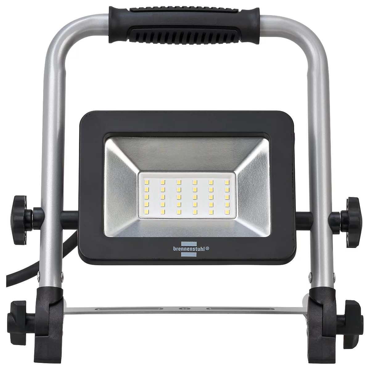 Ein tragbarer LED-Arbeitsstrahler auf einem stabilen Ständer, silberner Rahmen mit schwarzem Lampengehäuse.