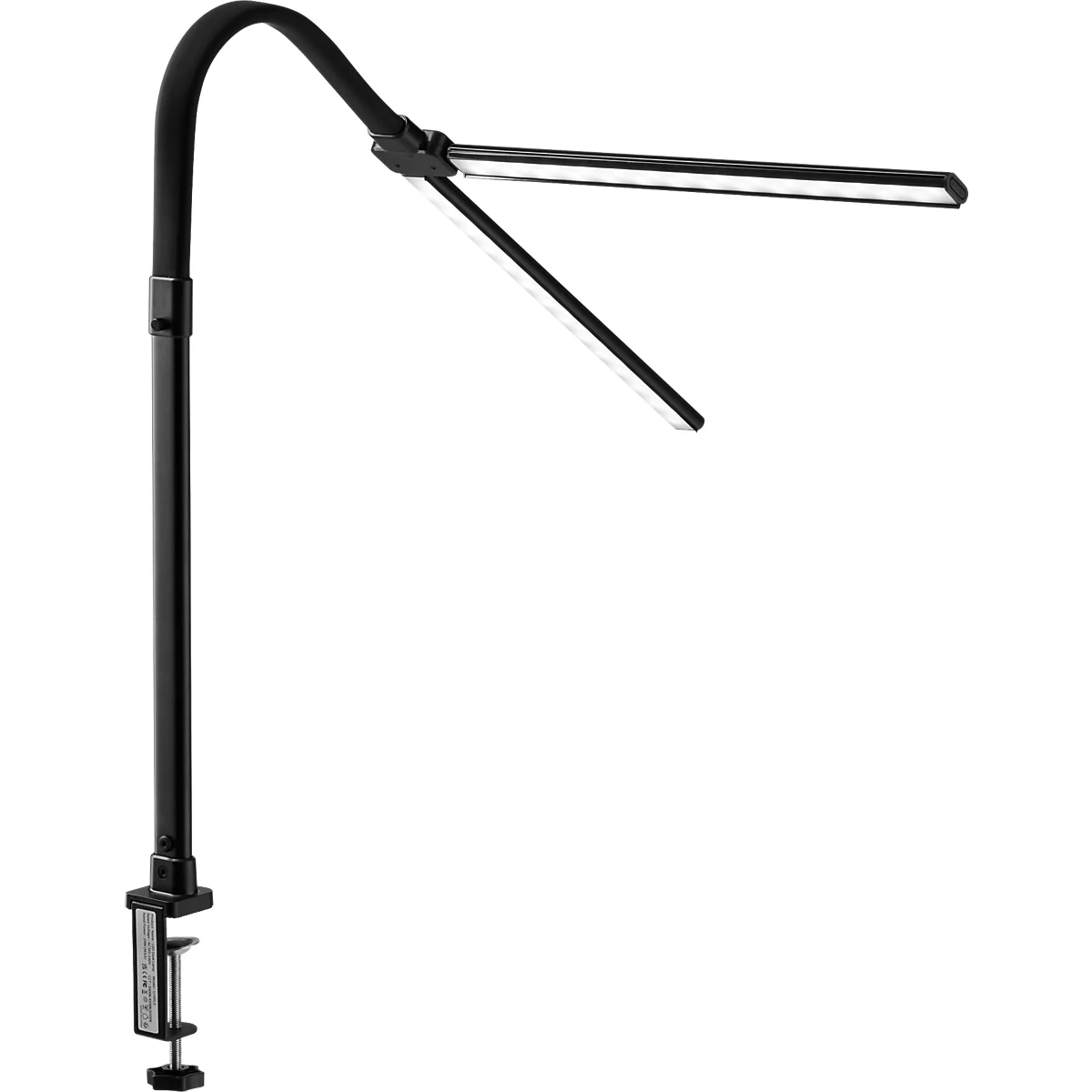 Zwarte LED bureaulamp, bevestigd aan een tafel, met een verstelbare arm.