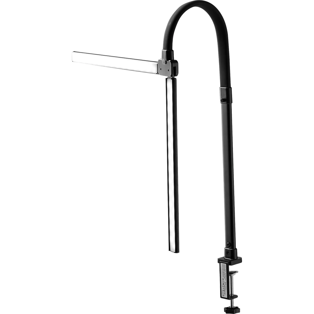 Zwarte bureaulamp met klem en flexibele arm die een rechthoekige lichtbalk vasthoudt.