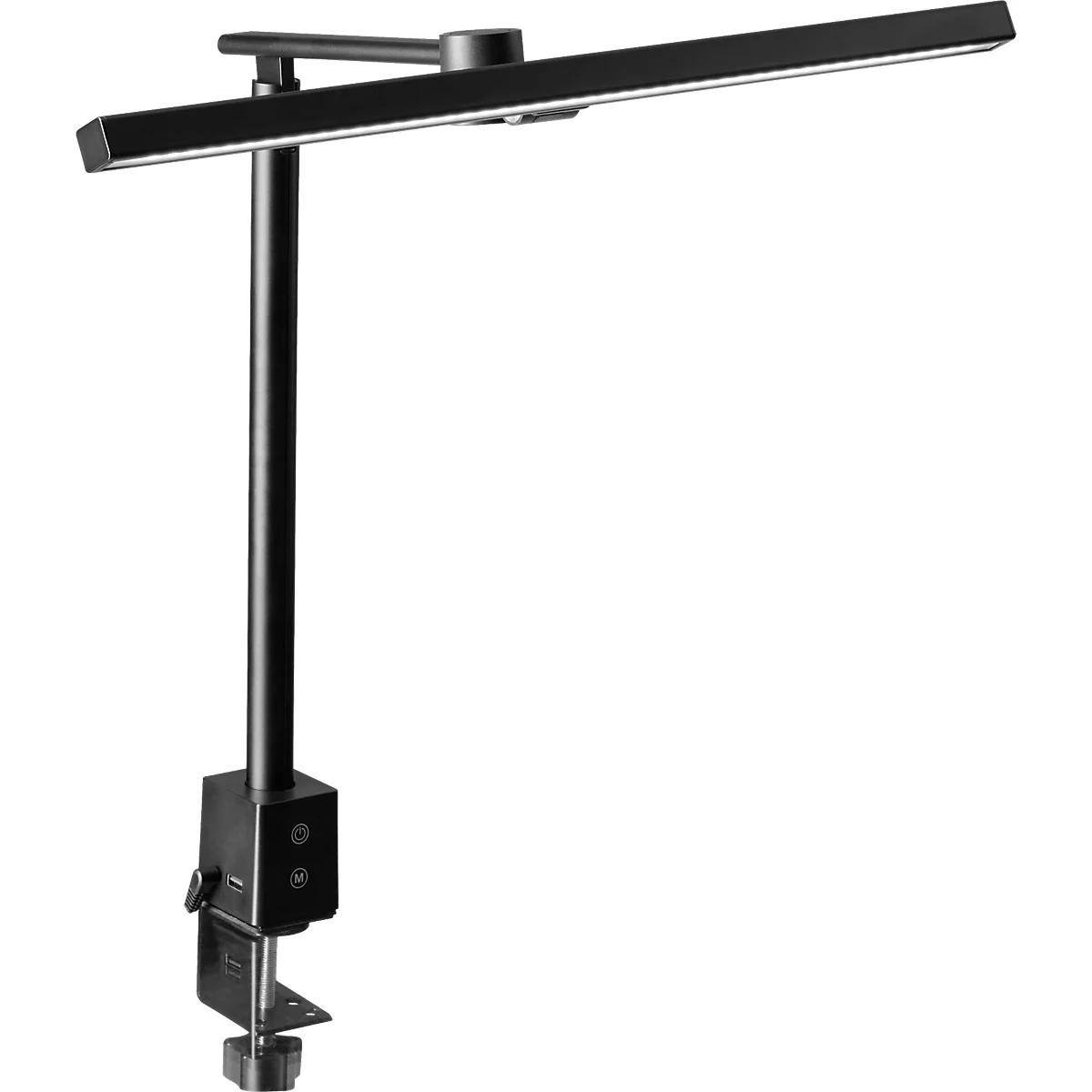 Zwarte LED-bureaulamp met klem. De lampkop is rechthoekig en kantelbaar. Hij is bevestigd aan een zwarte paal die met een klem aan een tafel wordt bevestigd.