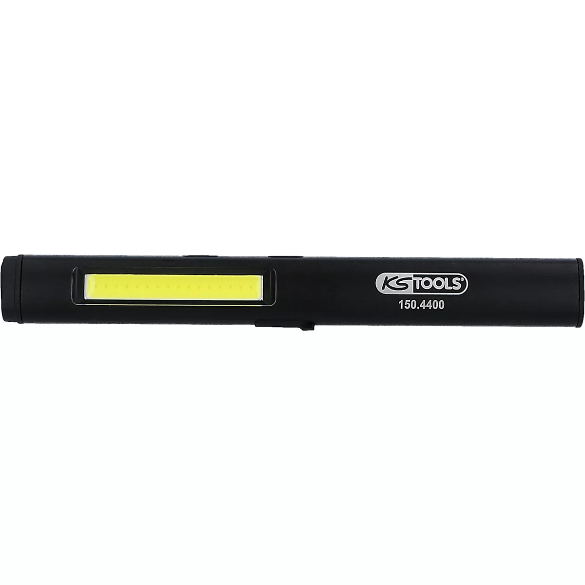 Eine schwarze LED-Arbeitsleuchte mit einem rechteckigen, gelb leuchtenden Lichtfeld. Am Gehäuse sind die Logos und die Bezeichnung 'KS TOOLS 150.4400' zu sehen.