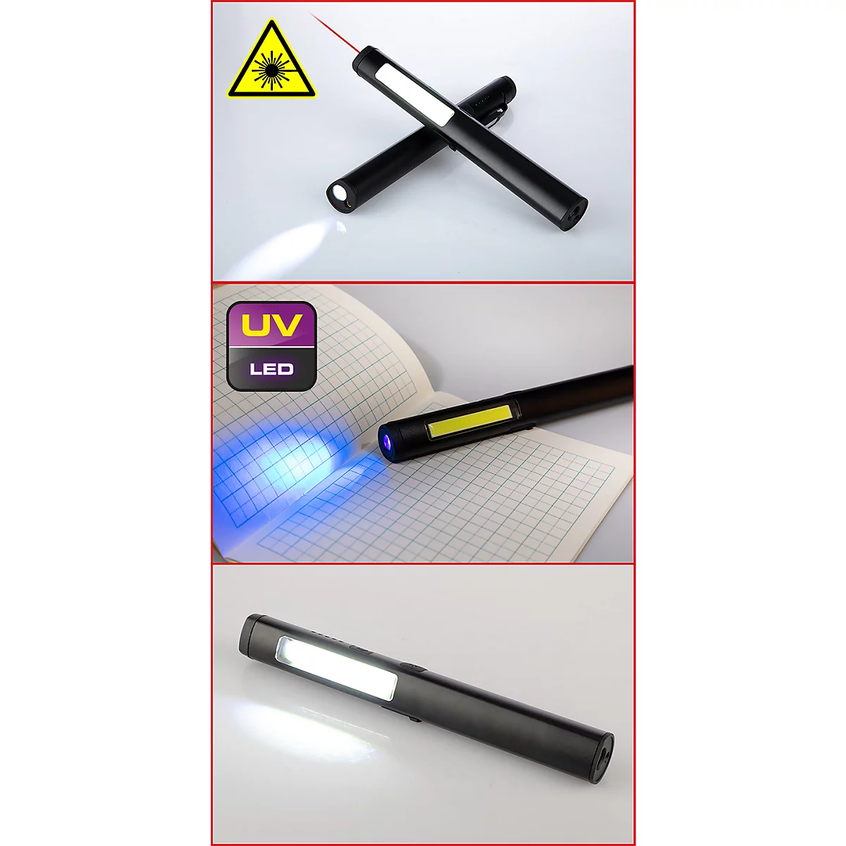 Schwarze LED-Taschenlampe mit Laser und UV-Licht, die in verschiedenen Anwendungen gezeigt wird.