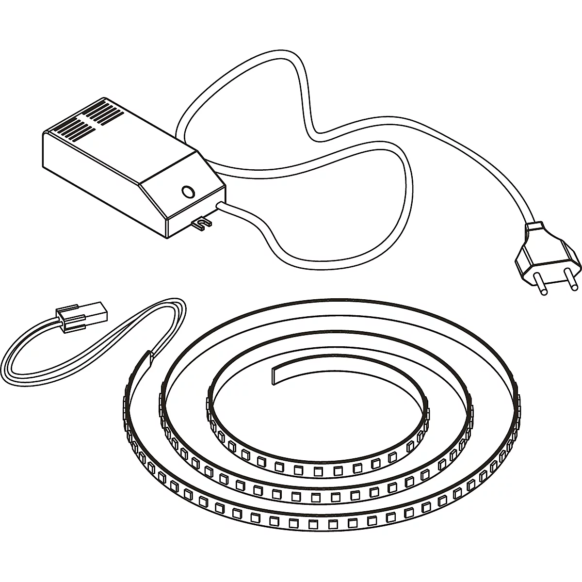 Black and white drawing of an LED light strip with power supply, plug and connecting cable.