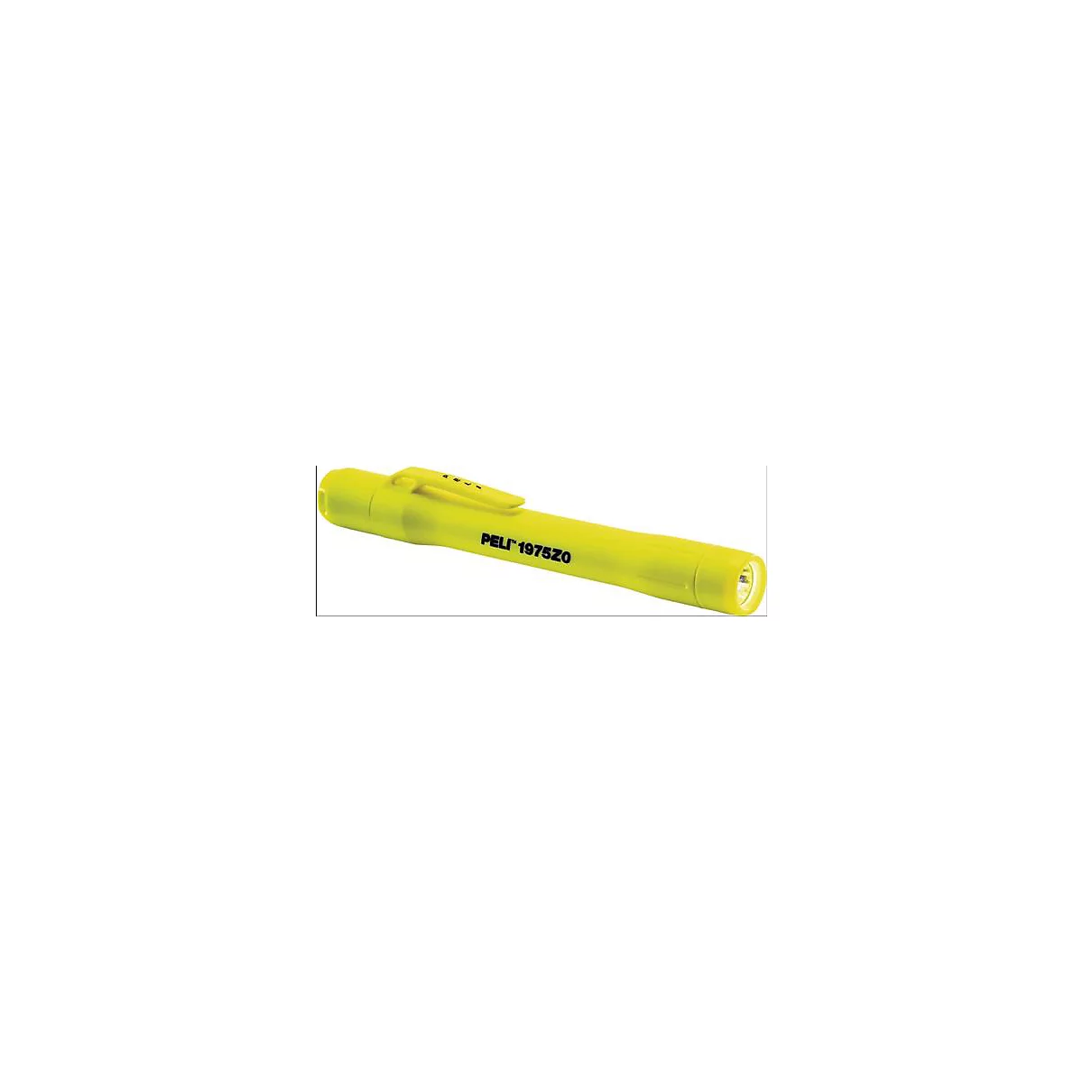 Yellow Peli flashlight with clip, text reads Peli 1975Z0.