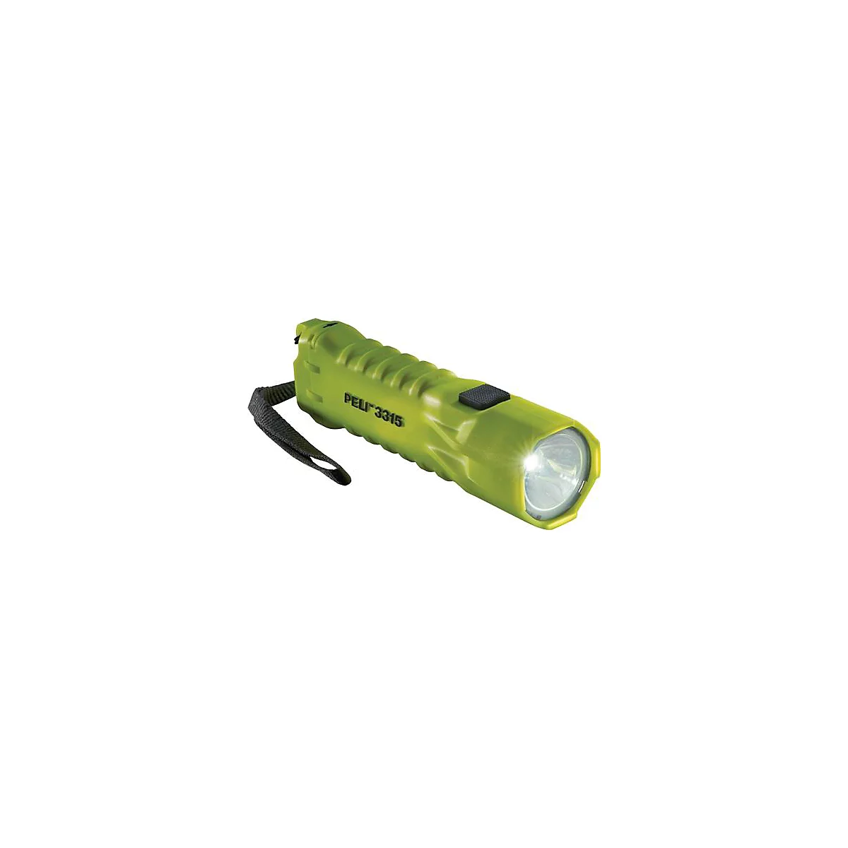 Green flashlight with black button and handle, light on. Reads Peli 3315.